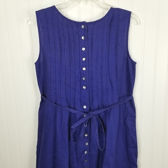 Liz Claiborne Petite Linen Sleeveless Shirt Dress Button Pin Tuck Tie Waist Blue - Picture 4 of 11